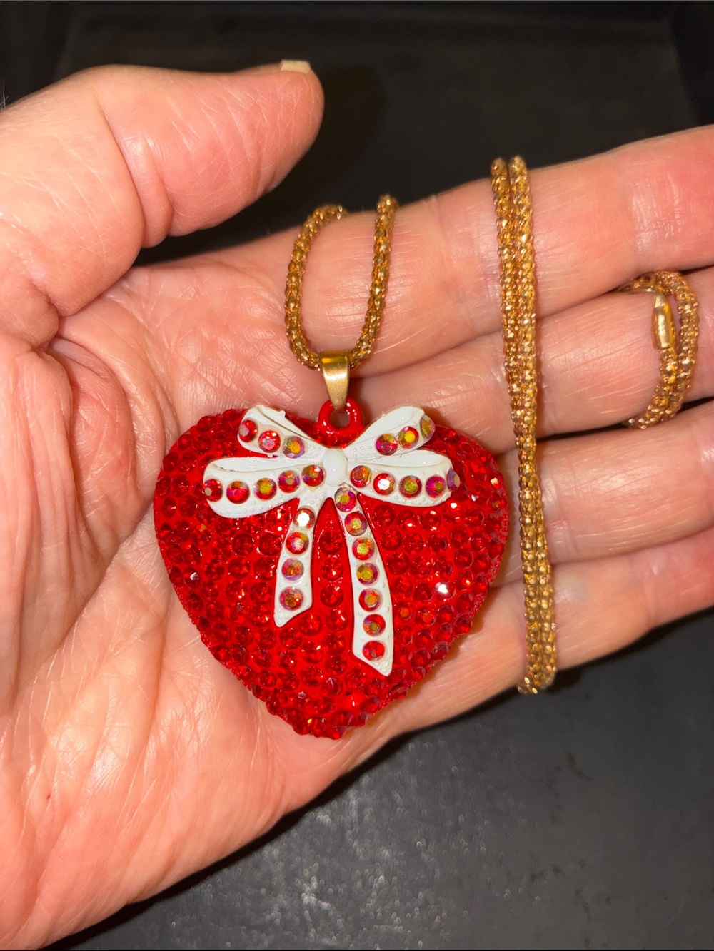 Red Crystal Heart Pendant Necklace with Bow